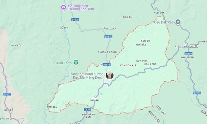 Bản đồ đường đi từ sân bay Pleiku đến Măng Đen Kon Tum, hiển thị quãng đường di chuyển và các điểm dừng quan trọng cho hành trình xe từ sân bay Pleiku đi Măng Đen.
