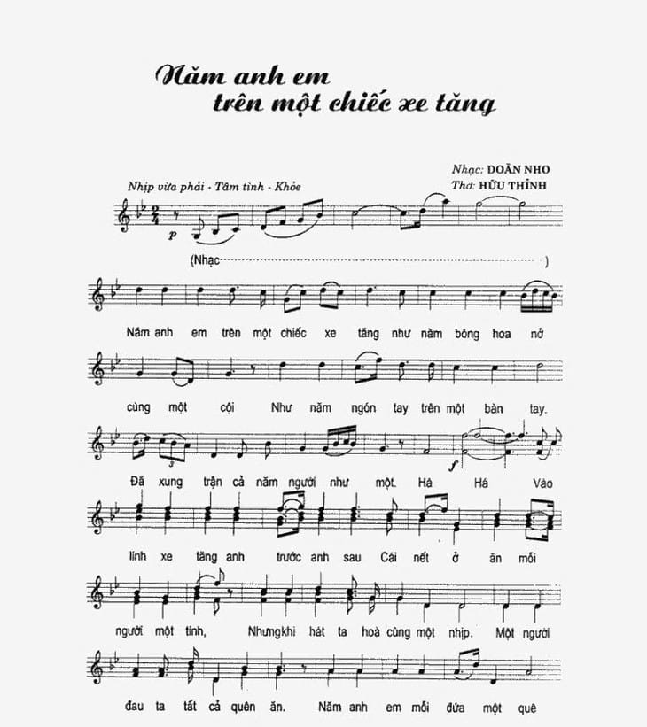 Bản nhạc của ca khúc 5 anh em trên 1 chiếc xe tăng do nhạc sĩ Doãn Nho phổ thơ Hữu Thỉnh, một tác phẩm trường tồn với thời gian