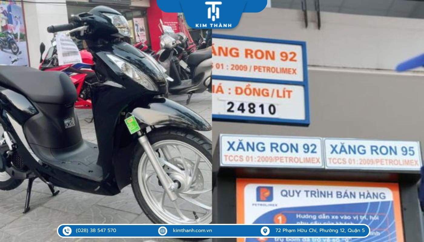 Biểu tượng cây xăng và hai loại xăng A92, A95, đặt cạnh chiếc Honda Vision, gợi ý về lựa chọn nhiên liệu tối ưu.