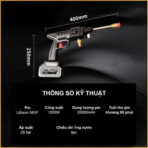 Bộ phụ kiện đầy đủ của máy rửa xe cầm tay HATACHI 199V, sẵn sàng cho mọi công việc vệ sinh.