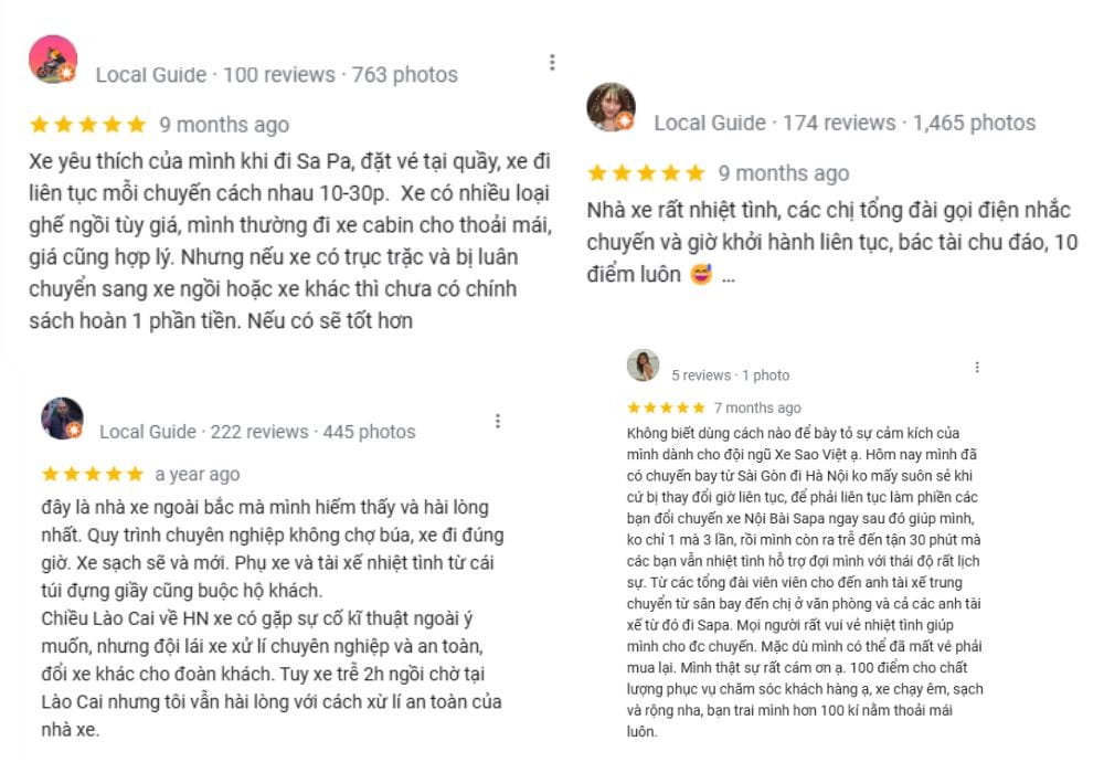 Các đánh giá và phản hồi của khách hàng về chất lượng dịch vụ và hỗ trợ từ tổng đài xe Sao Việt trên Google Maps