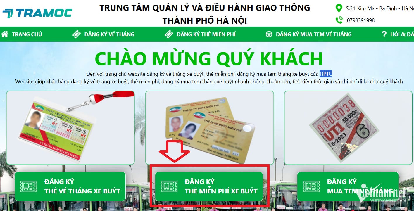 Chọn mục đăng ký thẻ xe buýt miễn phí online trên cổng thông tin