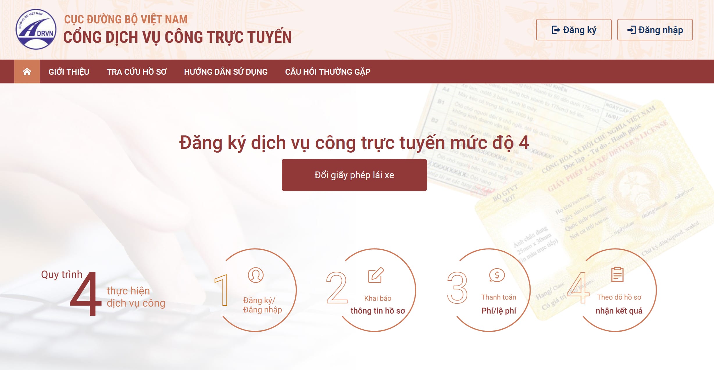 Giao diện cổng dịch vụ công trực tuyến để đổi giấy phép lái xe online