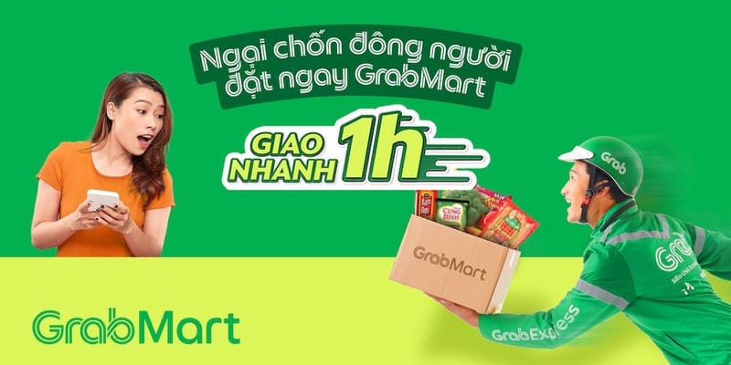Giao diện đặt hàng GrabMart, hiển thị các cửa hàng và chi phí giao hàng