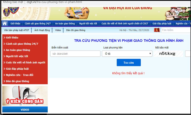 Giao diện trang web của Cục Cảnh sát giao thông để tra cứu phạt nguội xe máy