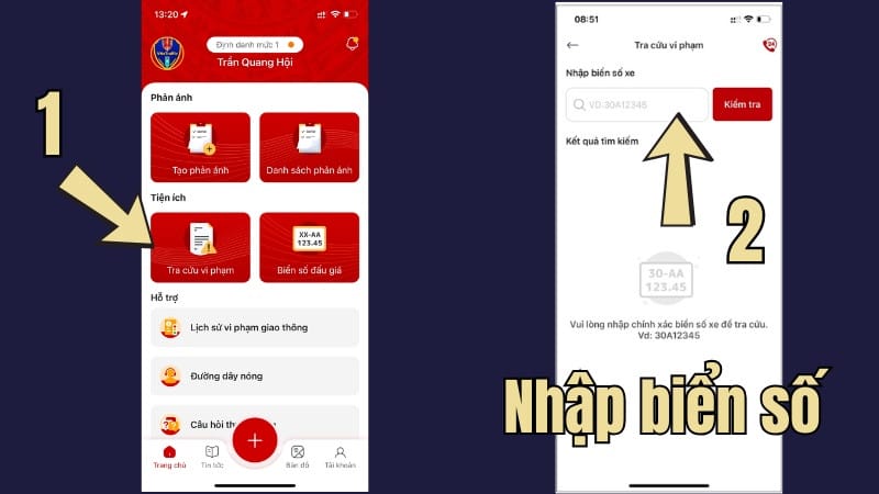 Giao diện ứng dụng VNeTraffic hiển thị mục tra cứu vi phạm giao thông xe máy