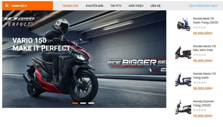 Giao diện website của cửa hàng xe máy nhập khẩu Sài Gòn