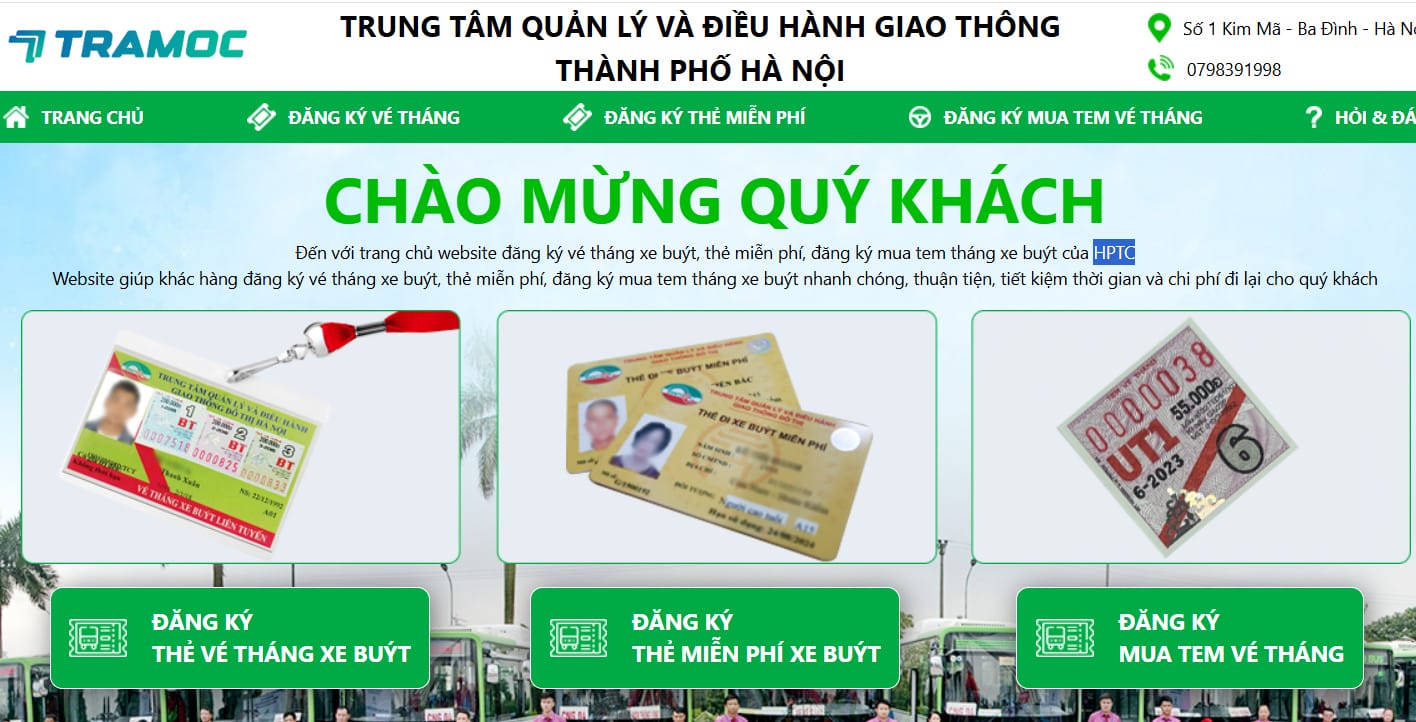 Giao diện website đăng ký thẻ xe buýt miễn phí trực tuyến