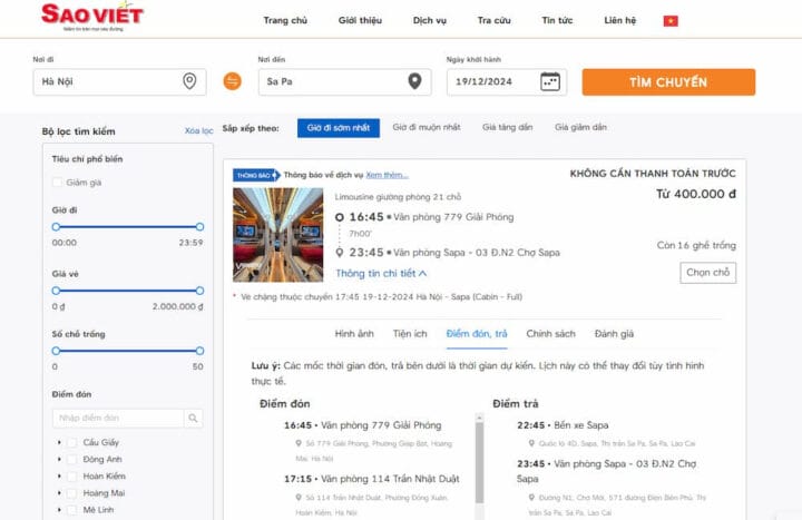 Hệ thống điểm đón trả và trung chuyển chi tiết của nhà xe Sao Việt trên website, hỗ trợ khách hàng dễ dàng tìm kiếm thông tin liên hệ