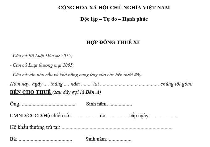 Hình ảnh minh họa một trang trong mẫu hợp đồng thuê xe ô tô của cá nhân phổ biến