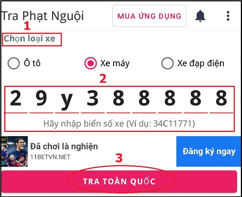 Hướng dẫn nhập biển số để tra cứu lỗi phạt nguội xe máy trong ứng dụng chuyên dụng