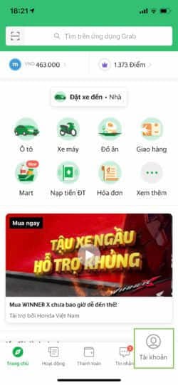 Hướng dẫn tài xế Grab vào mục Tài khoản để tìm hỗ trợ