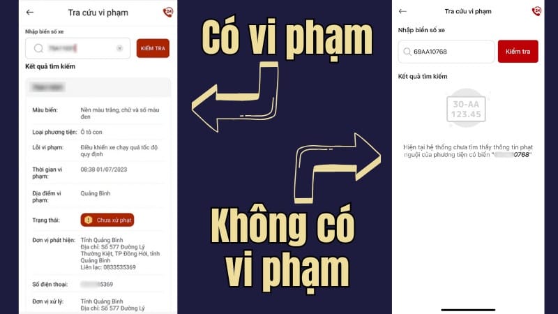 Kết quả hiển thị khi tra cứu lỗi phạt nguội xe máy trên VNeTraffic
