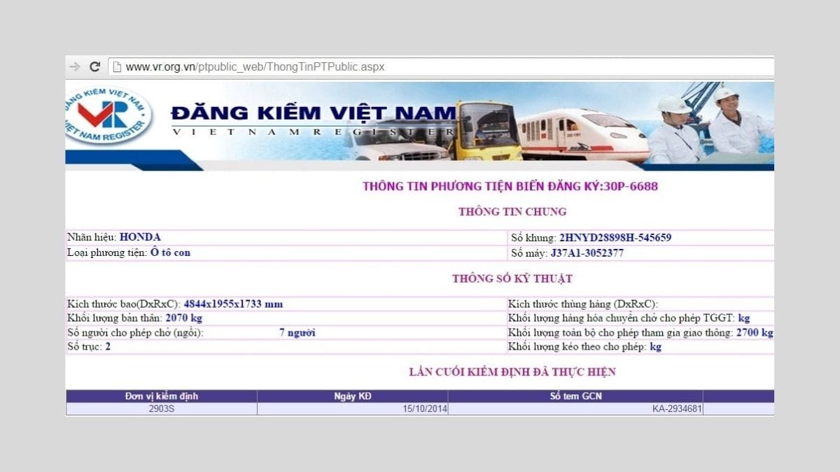 Kết quả tra cứu chi tiết thông tin phương tiện từ biển số xe