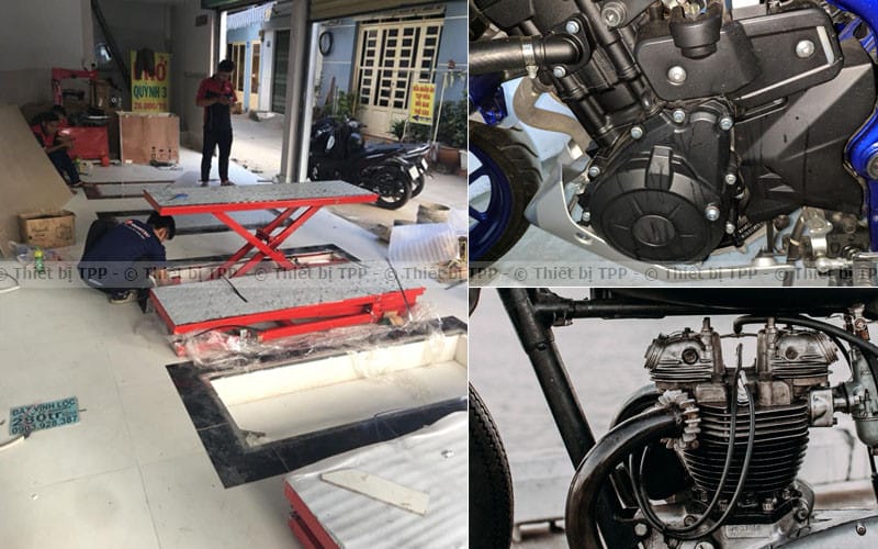Kỹ thuật viên đang sửa chữa lốc máy xe bị rò rỉ dầu