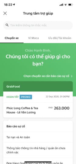 Màn hình chọn vấn đề cần hỗ trợ tài xế Grab trong Trung tâm trợ giúp