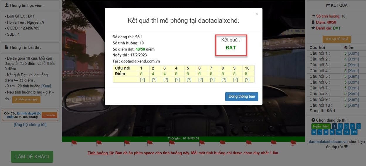 Màn hình hiển thị kết quả thi mô phỏng