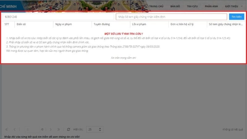 Màn hình tra cứu phạt nguội xe hơi trên cổng thông tin Sở GTVT