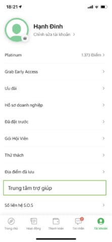 Màn hình ứng dụng Grab hướng dẫn tài xế vào Trung tâm trợ giúp để liên hệ