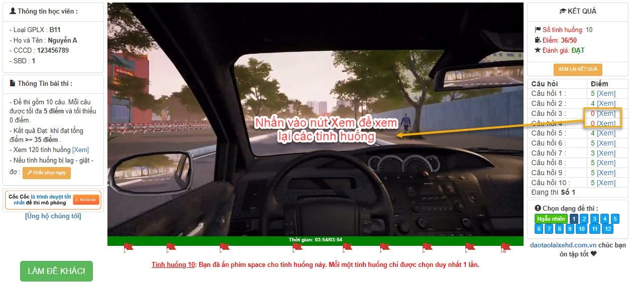 Màn hình xem lại tình huống trong bài thi mô phỏng