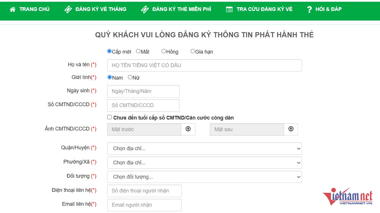 Mẫu điền thông tin khi làm thẻ xe buýt miễn phí online