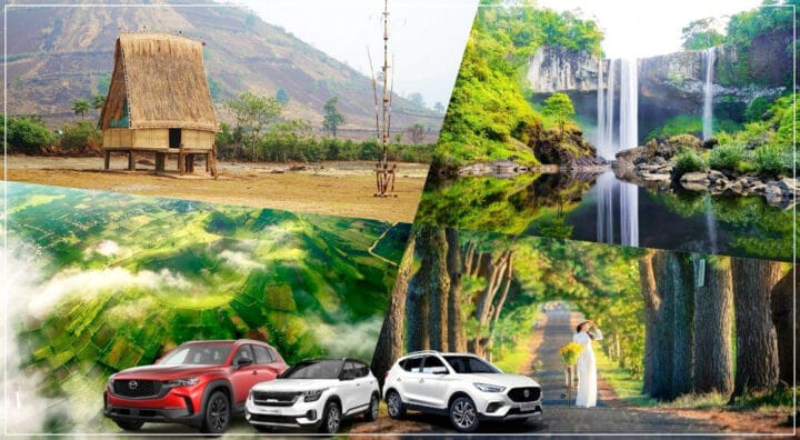 Một chiếc xe ô tô tự lái đang đậu ở Pleiku, sẵn sàng cho hành trình khám phá thành phố, nhấn mạnh dịch vụ thuê xe tự lái Pleiku tiện lợi.