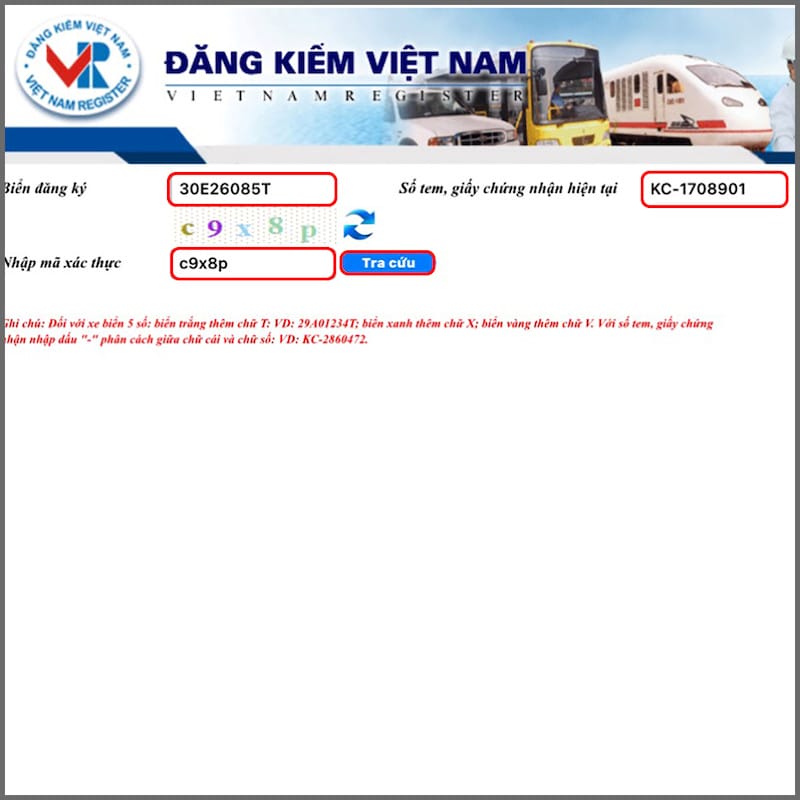 Nhập đầy đủ thông tin xe hơi để kiểm tra phạt nguội
