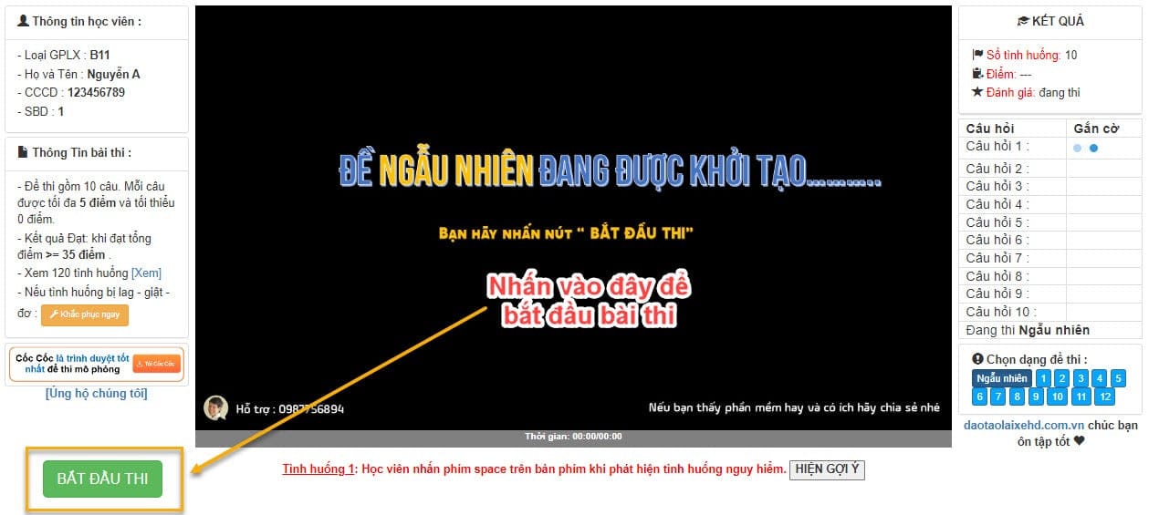 Nút Bắt đầu thi trên giao diện mô phỏng