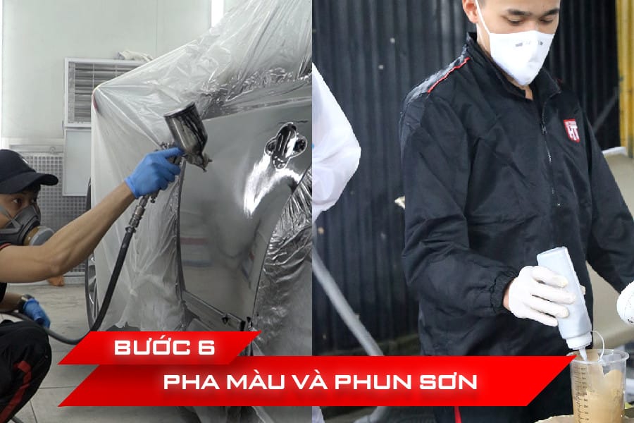 Pha màu và phun sơn xe ô tô trong phòng sơn chuyên dụng