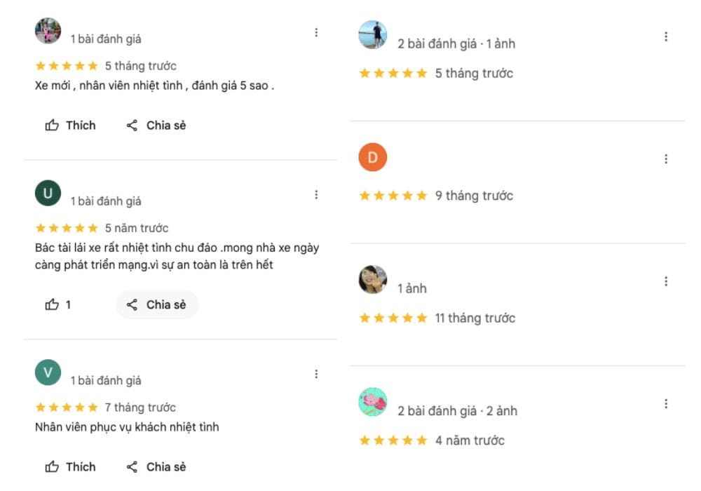 Phản hồi tích cực và đánh giá 5 sao từ khách hàng về chất lượng dịch vụ của Nhà xe Hồng Sơn