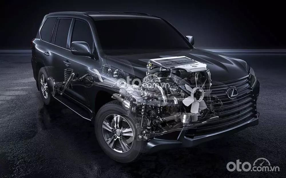 Tổng thể động cơ V8 5.66L của xe ô tô Lexus 570, thể hiện sức mạnh vượt trội.
