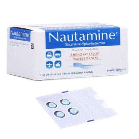 Vỉ thuốc Nautamine màu xanh, thuốc say xe Nautamine có tác dụng bao lâu để phòng ngừa say tàu xe hiệu quả.