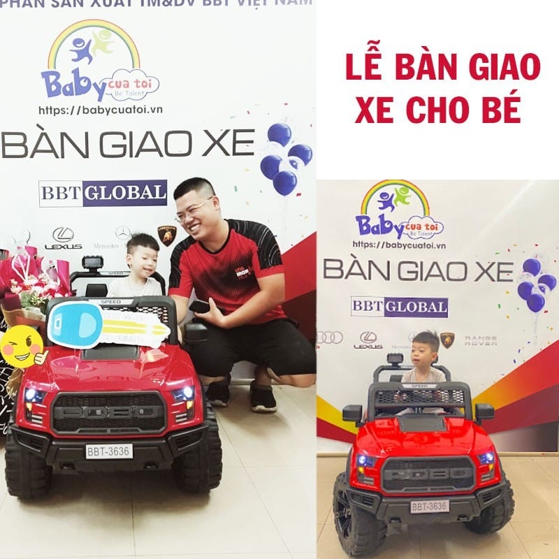 Xe ô tô trẻ em địa hình màu xanh lá cây với bánh xe lớn và thiết kế hầm hố