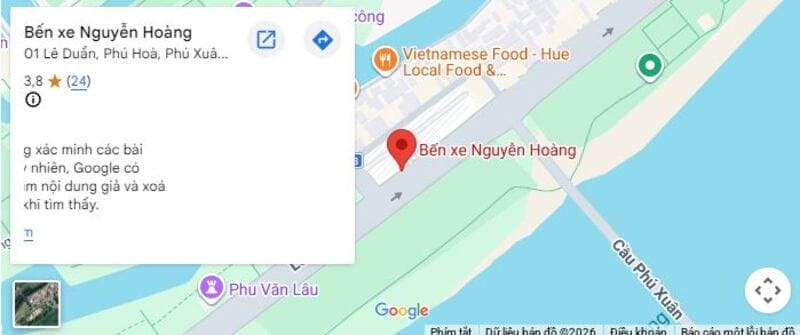 Bến xe Nguyễn Hoàng nằm tại số 1 đường Lê Duẩn, Phú Hòa, thành phố Huế